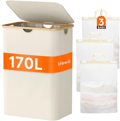 Lifewit Tvättkorg med Avtagbara Påsar, Stor Vikbar Laundry Basket i Bambu med Lock, Tvättkorg för Sovrum, Badrum, Tvättstuga, 3 Fack, 170L, Beige