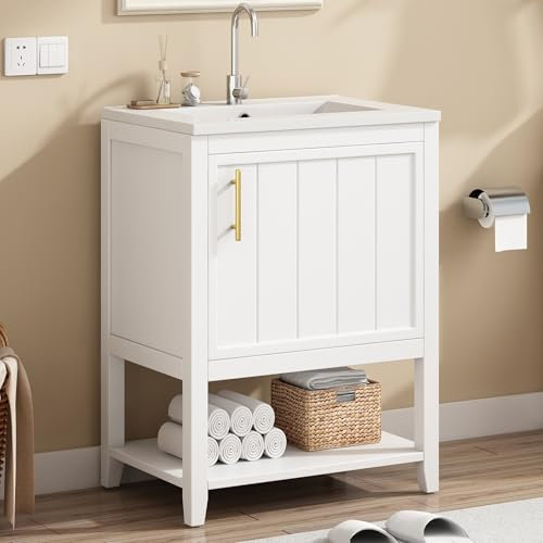 KAZZIO Mobile da bagno singolo, 60 cm, con lavabo in ceramica, con ripiano (bianco)
