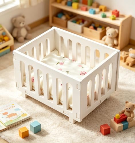 Minamzee 1:12 Cuna para De Casa De Muñecas, Juego De Cuna Miniature De Madera con Ropa De Cama, Modelo De Cuna para Muñecas O Mascotas, Accesorios Decorativos para Muebles