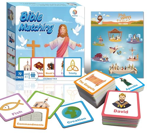 72 (36 Pairs) Bible Trivia Memory Matching Game with Poster and Online Trivia Language Learning Games for ESL and Language Immersion