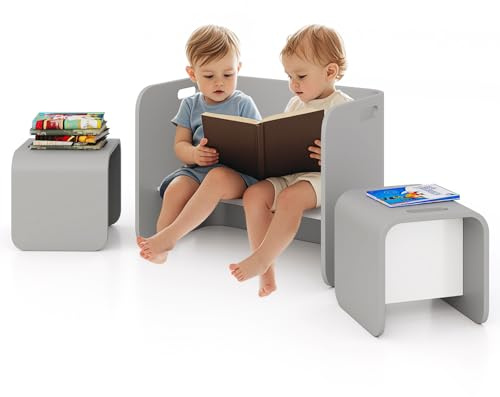 RELAX4LIFE Set da Tavolo e Sedie per Bambini con Design Multiuso, Tavolo/Scrivania/Panca con Schienale/Tavolino Laterale 4 in 1, Salvaspazio, in Legno di Betulla (Grigio)