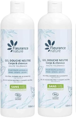 Fleurance Nature- Gel douche Neutre-Certifié Bio Cosmos Ecocert- 500m-(Lot de 2) ph neutre, sans savons- sans parfums- extra doux- pour peau sensible et atopique- pour adulte, enfant et bébé- 23142