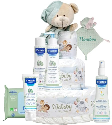 Mababyshop Tarta de Pañales Mis Primeros Cuidados con Doudou Osito Personalizado con Nombre Bordado, 42 Pañales Pingo Talla 2, Set de Aseo Bebé, Regalo Recién Nacido(Verde)