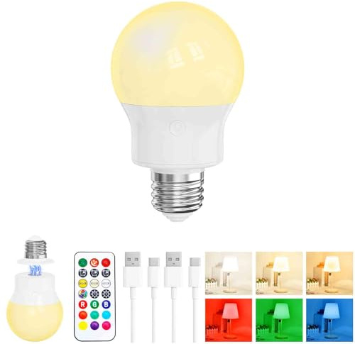 Bombilla LED Recargable E27 con Mando a Distancia, Regulable, Magnética, con Batería, 3 Temperaturas de Color + 9 Colores RGB, 480LM, 3 Timers, para Lámparas sin Corriente, Camping y Emergencia 1 Pack