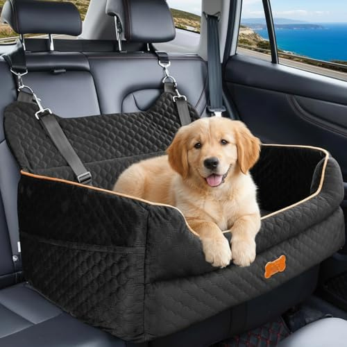 LORESJOY Asiento Coche para Perro Extra Estable,Perros Tamaño Mediano con 3 Correas Sujeción, Asiento Coche Seguridad para Perros Gatos, Bolsillos Laterales para Guardar Objetos