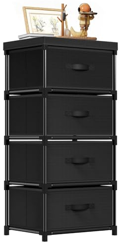 Mavivegue Fabric Chest of Drawers with 4 Fabric Drawers Bedroom, Storage Unit, Sturdy Steel Frame, Non-Woven Fabric, Suitable for Any Storage Scenario, Living Room, Hallway, Office, Black