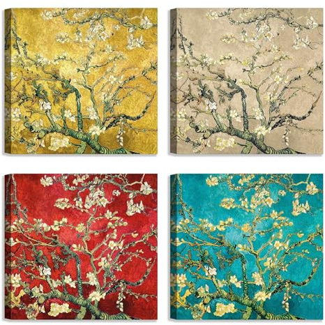 LuxHomeDecor Set di 4 quadri 30x30 cm – stampa su tela con telaio in legno – rami di mandorlo in fiore in 4 colori – Vincent Van Gogh