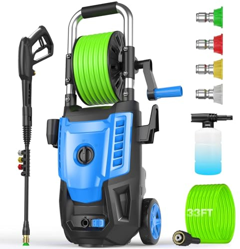 4800PSI Pressure Washer- High Power Washer with 33FT Hose, 4 Nozzles and Foam Cannon, for Home, Cars, Fences, Patio (Light Blue)