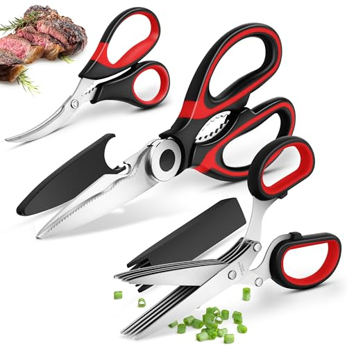 Forbici da Cucina: Forbici per Pollame, Forbici per Erbe Aromatiche, Affilate in Acciaio Inox, Con Cappuccio Protettivo, Multifunzionali per Pollo, Carne, Pesce, Verdure, Spezie, Prezzemolo, 3 Pcs