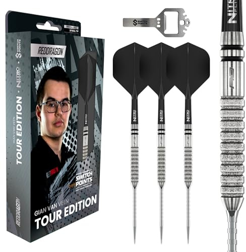 RED DRAGON Darts - Gian Van Veen Tour Edition Series - Original | Switch Points Powered by Winmau - 90% Tungsten Darts Set - Nitro Flite Integrated Flight/Shaft, Dart Flights & Stems | 21g Dart