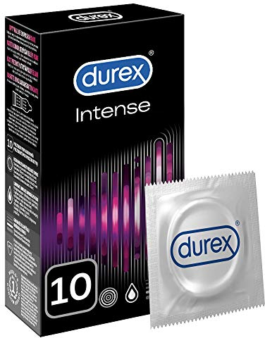 Durex Intense Kondome – Gerippte und genoppte Kondome mit Stimulationsgel für eine intensive Befriedigung der Frau – Kondom mit Gel überzogen - 10 Stück (1er Pack)