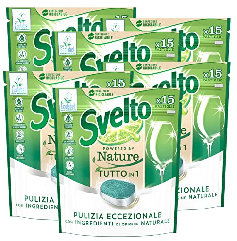 6x Svelto Powered By Nature Tutto in 1 Pastiglie per Lavastoviglie Pulizia Eccezionale con Ingredienti di Origine Naturale - 6 Confezioni da 15 Pastiglie