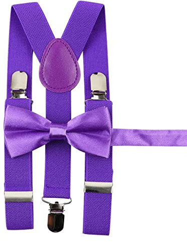 Queenbox Bretelle Regolabili per Bambini Papillon Set, 1 Pz 65 cm Bretella a Forma di Y con Clip e 1 Pz 45 cm Papillon per Ragazzi Ragazze, Viola
