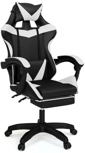 IDMarket - Fauteuil de Gaming Alex réglable avec Repose-Pied, Coussin de tête et Coussin Lombaire Noir et Blanc