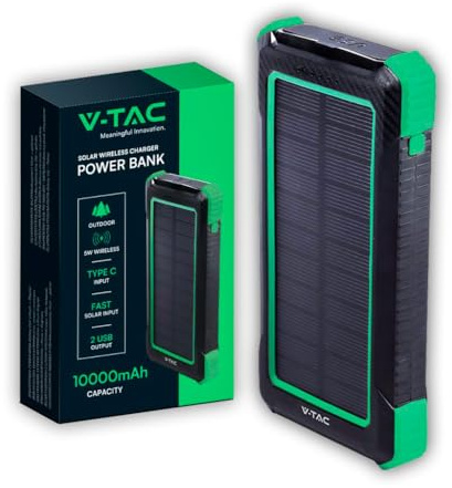 V-TAC Power Bank Solare 10000 mAh con Ricarica Wireless 5W - PowerBank Batteria Esterna con Pannello Solare - Porta USB Type-C USB-A Micro USB - Compatibile iPhone, iPad, Samsung, Xiaomi - Nero