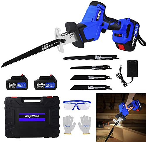 21V Qimu Akku Säbelsäge mit 4 Sägeblättern, Bürstenlose Reciprosäge mit 2 x 1,5Ah Batterien, 0-3500SPM, Professionell für Metall, Holz, PVC-Rohr, Baumschnitt