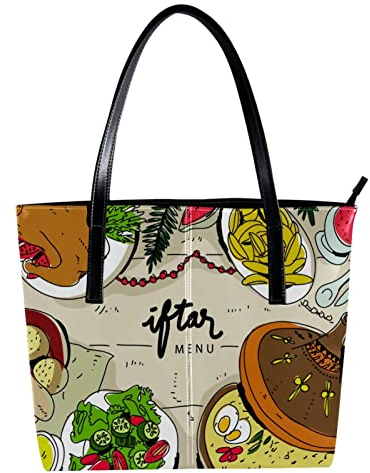 Iftar Ramadhan Menu Cibo su Tradizionale Tajine Personalizzato Borsa In Pelle PU Tote Borse A Spalla Tote Borsa, Multicolore