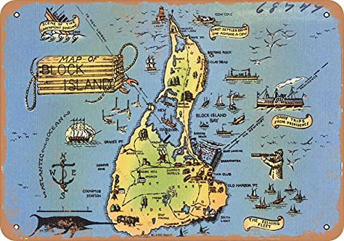 7 x 10 METAL SIGN - Rhode Island Postcard - Map of Block Island - Vintage Rusty Look