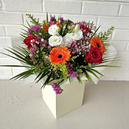 Bright Radiant Sunset Bouquet – Festive Fresh Flowers, Birthday Celebrations, Anniversaries, Autumn Floral Occasions. Roses -Warm Orange Gerbera, Lisianthus, Thank You, Christmas