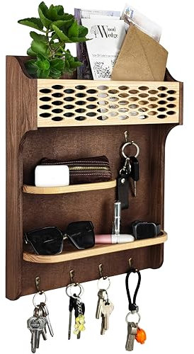 Handgearbeitet Schlüsselbrett Holz, Schlüsselhalter mit Ablage&Briefhalter, Schlüsselregal mit 5 Haken, Wand Schlüsselboard Schlüsselhaken Key Schlüsselkasten für Eingangsbereich, Flur|Geschenk| Braun