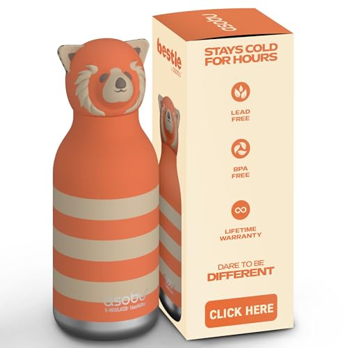 ASOBU Bestie Kindertrinkflasche mit Strohhalm – Isolierte Edelstahlflasche 420ml mit rotem Pandakopf – Auslaufsicher & BPA-frei
