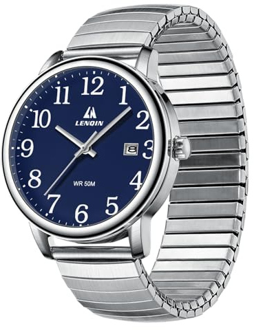 LN LENQIN Orologio Acciaio Analogico Al Quarzo da Uomo Easy Reader Cinturino di Espansione da 38 mm Impermeabile Casual d'affari di Moda Orologi da Polso da Uomo con Data (Blue)