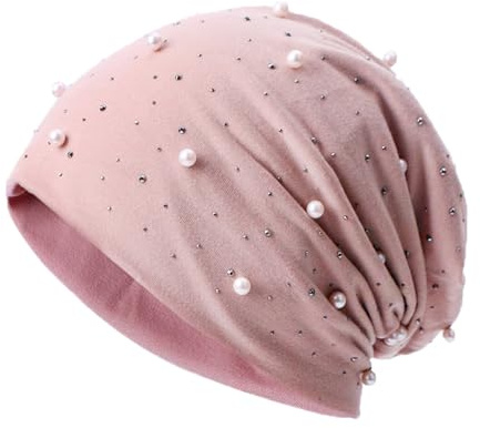 Mössa för kvinnor med pärlor och strass nitar glitter vintermössa bomullsmössor pärla kemohatt stretchig slouch lång beanie hösthatt varm huvud wrap tygmössa för kvinnor flickor utomhus, ROSA,