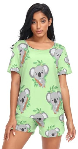 RPLIFE Simpatici koala ramoscelli verdi pigiama corti set per le donne, abbigliamento estivo leggero da salotto