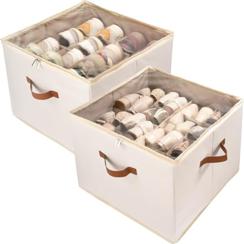 Vexalora Shoe Organizer Box 2 Pack, Shoe Storage Organizer with Clear Cover, Adjustable Dividers Fits 16-32 Pairs, Fabric Shoe Organizer for Closet, Beige