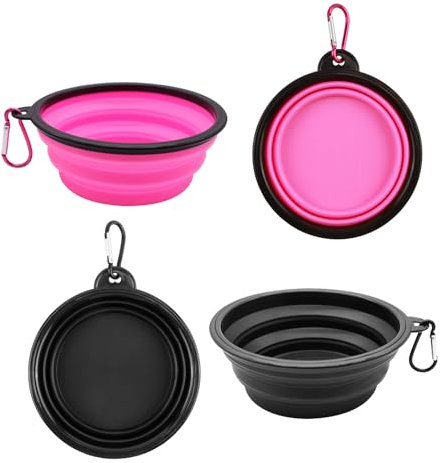 2 cuencos plegables para perros, mosquetón, cuencos de viaje a prueba de fugas de silicona para perros y gatos, ideales para agua y comida (350 ml, rosa y negro)