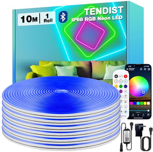 TENDIST 10M RGB Striscia LED Neon Flessibile, IP68 Strisce LED da Esterno Bluetooth con Smart App e Telecomando, 24V Neon Strip con Sinc Musicale per Terrazza, Balcone, Giardino, Camera (10M*1)