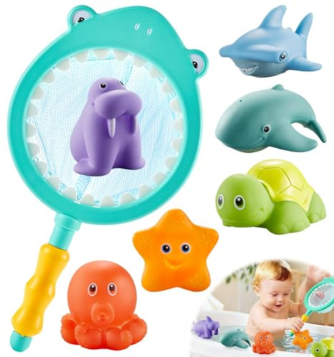 Juguete de baño para bebés, juguetes de baño con red de tiburón azul-verde y 6 animales, marineros flotantes impermeables coloridos para niños de 1 a 4 años, juegos educativos y divertidos para bañera