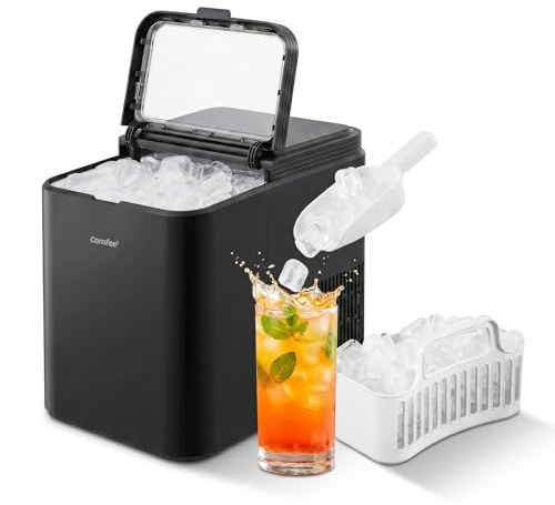 COMFEE' RCI12BL1UK(E) Countertop Ice Maker, 12kg in 24H, 8 Ice Bullets in 6-9 minutes, 2 Bullet Ice Sizes, Self-Cleaning Ice Machine with Ice Scoop & Basket, Suitable for Home/Kitchen/Office/Party