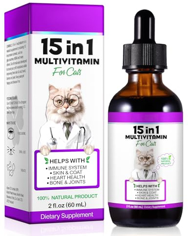 15 in 1 Liquid Cat Vitamin Supplement with Glucosamine & Cranberry - Supports Immune System, Skin & Coat, Hip & Joint Care - Multivitamin Drops for Cats