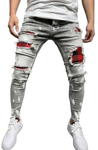 Jean Skinny Homme à Motif déchiré, Pantalon en Denim décontracté, Style Streetwear, à Porter au Quotidien, Gris, Taille S
