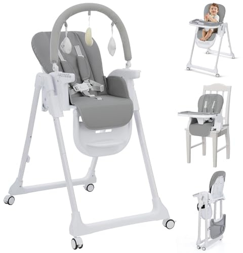Chaise Haute Bébé 4 en 1 Pliable, Réglable avec Arche de Jeux | 7 hauteurs, arche de jeux, fonction rehausseur, double plateau, siège PU, pliable