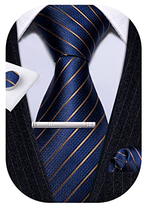 Barry.Wang Herren Krawatte Set Seiden-Geschäfts-Streifen Plaid-Krawatten-Set mit Taschentuch Manschettenknopf für Hochzeit Formell