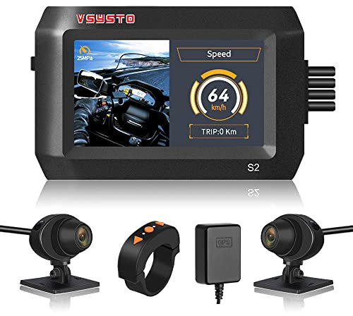 VSYSTO Motorcycle Camera WiFi 3 Inch Waterproof Screen 140° Wide Angle Lens Dual 1080P Front and Rear Camera Motorbike Dash Cam, Parking Monitoring, GPS, Starlight Night Vision Lens (S2F)