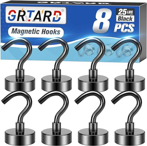 Grtard Magnetic Hooks, 8 Pack 22 lb+ Strong Neodymium Magnet Hooks, Magnets with Hook, Black Magnetic Hook for Cruise, Bathroom, Kitchen, Workplace, Office, Garage, BBQ Grill