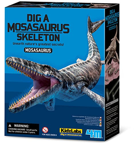 4M Dinosaur Fossil Dig Kit for Kids — Mosasaurus Skeleton, 11 Realistic Bones, STEM Archaeology Toy with Hammer & Chisel, Educational Science Gift for Boys Girls Ages 8-12
