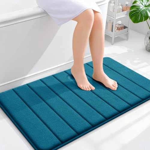 smiry Memory Foam Bath Mat 60 x 90 cm Bathroom Mat Peacock Blue | Extra Soft Non-Slip Absorbent Machine-Washable, Plush Cushioned for Cozy Foot Feel, Ideal for Shower, Sink & Bathroom Entry