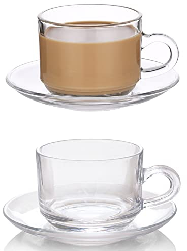 Kaffeetassen Glas Latte Macchiato Gläser Set, 170ml Transparent Espressotassen Tassen Mit Unterteller, Cappuccino Gläser Teegläser Glastasse Mit Untersetzer Für Latte,Tee, Eistee, Milch, Saft, Bier