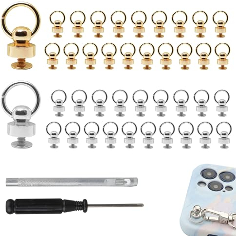 Roosea 40 Stück Stud Screw Head mit 40 Stück Schrauben, O Ring Nieten, Nieten mit Schraubverschluss, 8 mm Rundkopfnieten DIY mit Locher und Schraubendreher für DIY Leder Geldbörse (Gold+Silber)