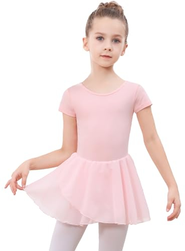 DGSHIRLDJO Kinder Ballettkleidung Mädchen Kurzarm Baumwolle Ballettkleid Balletttrikot Tanzkleid Tanzbody mit Chiffon Rock Tütü (DE/NL/SE/PL, Numerisch, 110, Regular, rosa)