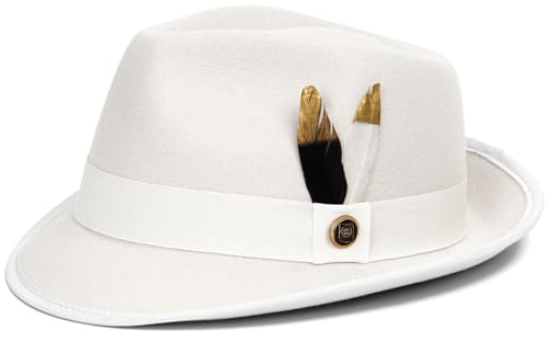 FADACHY Fedora Hats for Men & Women Short Brim Felt Hat Trilby Fedora with Feather Panama Dress Hat, White Fedora