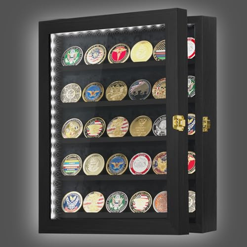 Kacorn Coin Display Case 11x14 with LED Challenge Military Coin Holder Wooden American Flag Medal Poker Chip Wall Cabinet Decor Gift for Collector, Grandfathers, Fathers, Comrade-in-arms