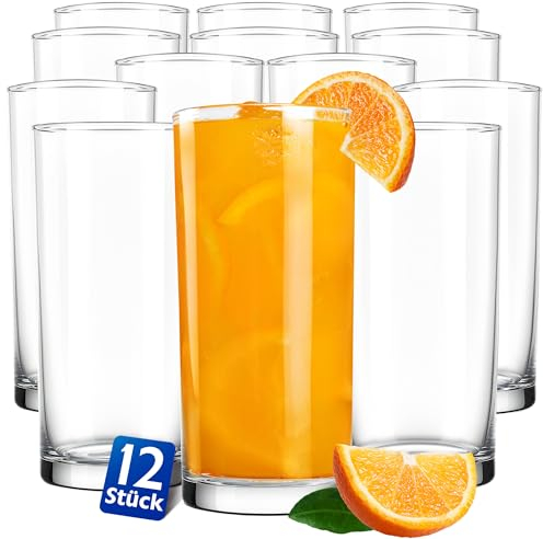 KONZEPT Gläser Set 12-teiliges 280ml Transparente Longdrinkgläser Set, Wassergläser Spülmaschinenfest, Ideal als Saftglas