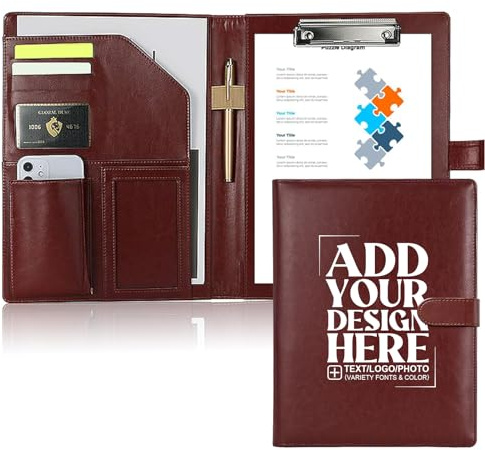Personalised Portfolio Folder A4 Customised Leather Padfolio with Logo or Text - Ideal for Conference, Resumes, Interviews, and Professional Business Use, Brown