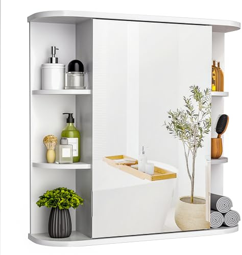Pamapic Bathroom Mirror Cabinet, Bathroom Cabinet with Large HD Mirror, Wall Mounted Storage Cupboard with Adjustable Shelves, Storage Unit for Living Room, Bedroom, White, 68 x 60 cm