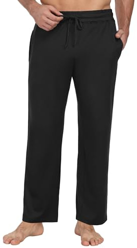 PrinStory Mens Pyjama Bottoms Long Drawstring Pajama Pants Wide Leg Lounge Pants Elasticated Waist Pj Bottoms With Pockets (Black, M)